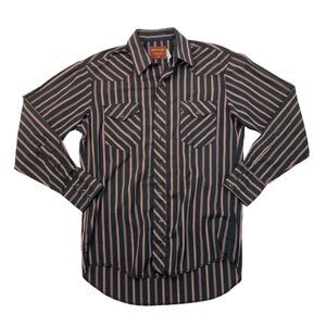 Vintage Rustler Western Shirt Men 15.5 Black/Plum Stripe X-Long Tail Snap Button